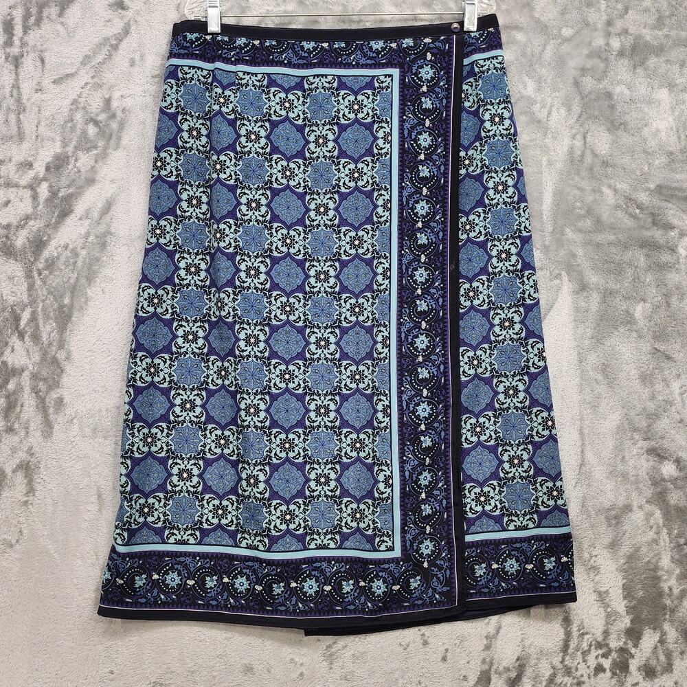 Vintage Sag Harbor Skirt Womens 18W Blue Floral Damask Faux Wrap Pull On Midi
